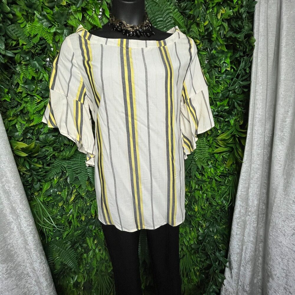 Women Tops 2X Beige Blouse Striped Print Ruffle Sleeve Verxy 1507 - Picture 4 of 9